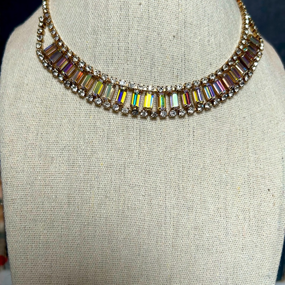Vintage 1950’s  Baguette cut Aurora Borealis choker. Shepherds hook EUC